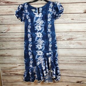 Two Palms Womens 2XL Vintage Blue/White Floral Ruffle Hawaiian Dress